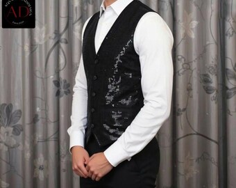 Gilet Uomo Con Paillettes – Slim Fit, Scollo A V, 3 Bottoni – Per Discoteca, Matrimonio, Cerimonie – Con Papillon Incluso – Taglie S-XXL