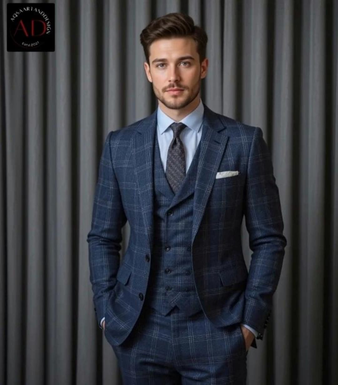 ブルーチェック柄メンズ3ピーススーツ：エレガントなウェディング