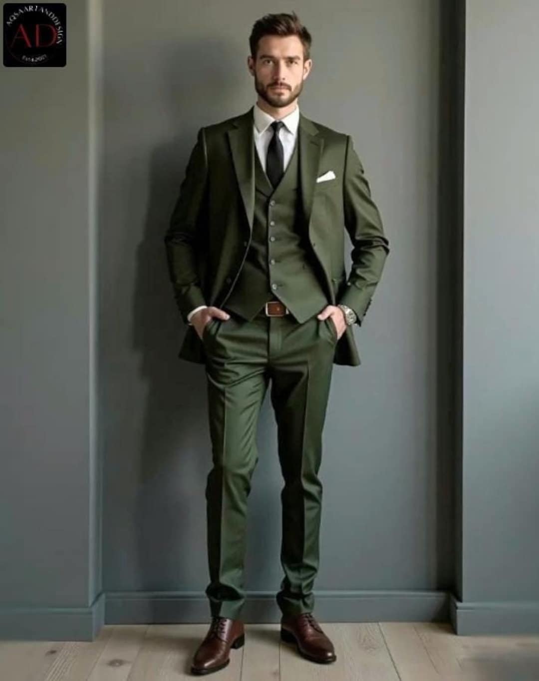 値下げしました！オリーブグリーン スリーピーススーツ(中国縫製) 値下げしました！オリーブグリーン スリーピーススーツ(中国縫製