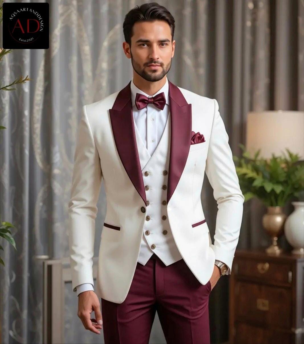 Groom's Wear Suits - White Burgundy Tuxedo Suits - Stylish One Button Suit - 3 Piece Tux Suit's Gift For Men - Men Suit For Wedding