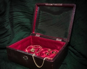 Napoleon III antique jewelry box with red tufted silk interior beveled glass lid leather Victorian French jewellery box