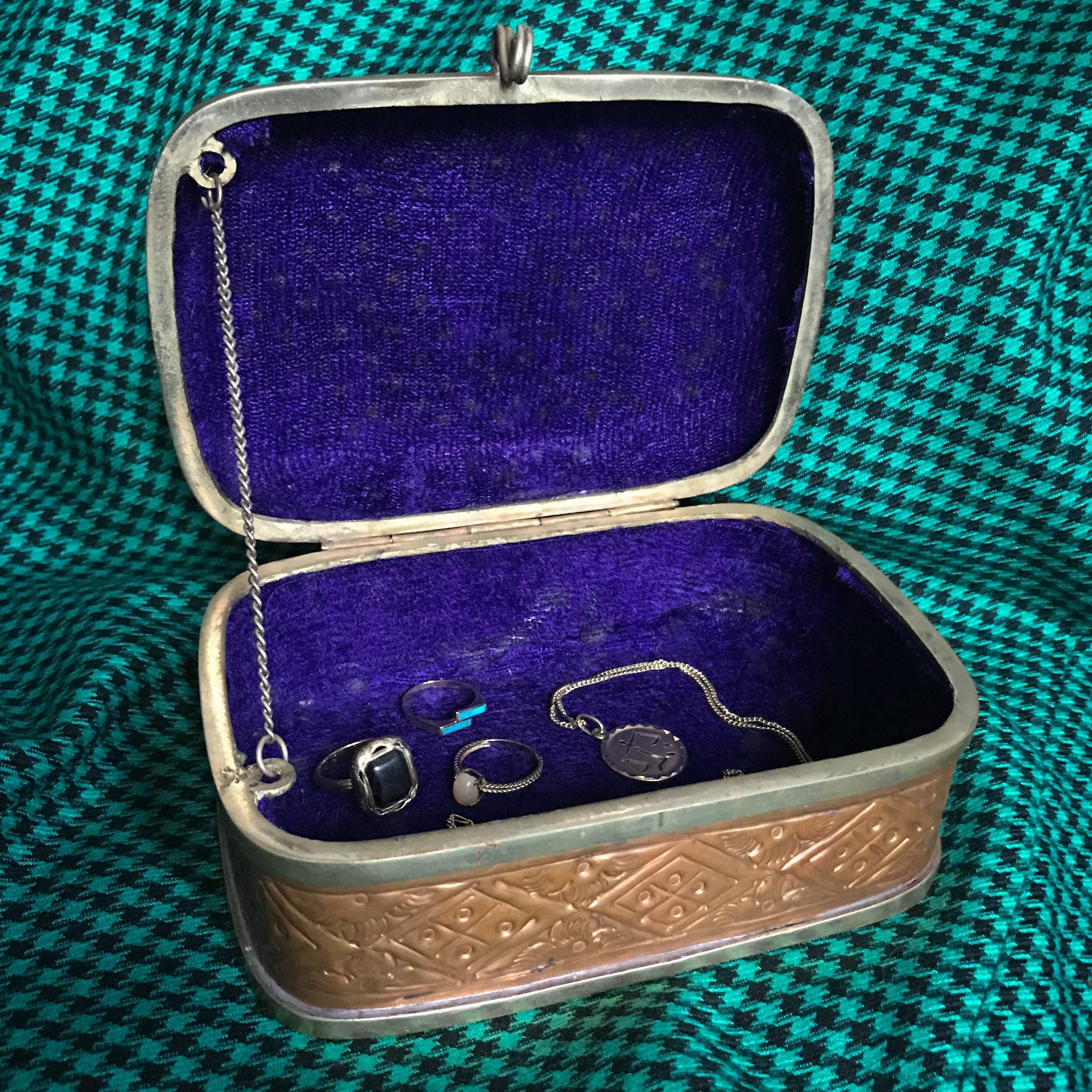 Vintage brass & copper Asian/Oriental jewelry box with glass cabochons purple interior jewellery box