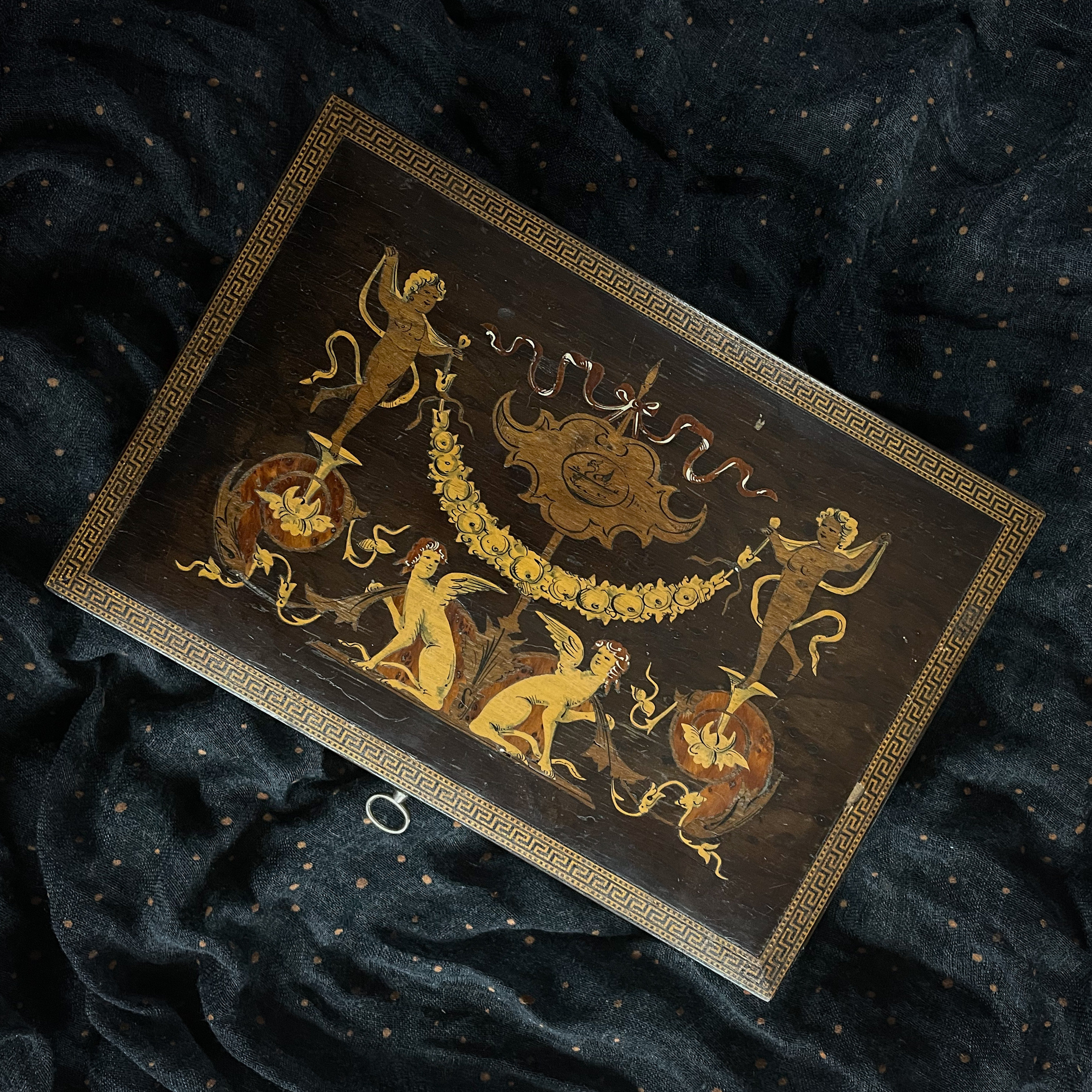 Rare 19th century Italian sorrento inlaid jewelry box with tunbridge bands to the edges marquetry lid cherubs and Lamassu jewellery box