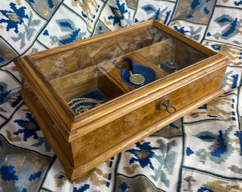 antique blonde burl wood jewelry display box with blue velvet an beveled glass jewellery box case with original key