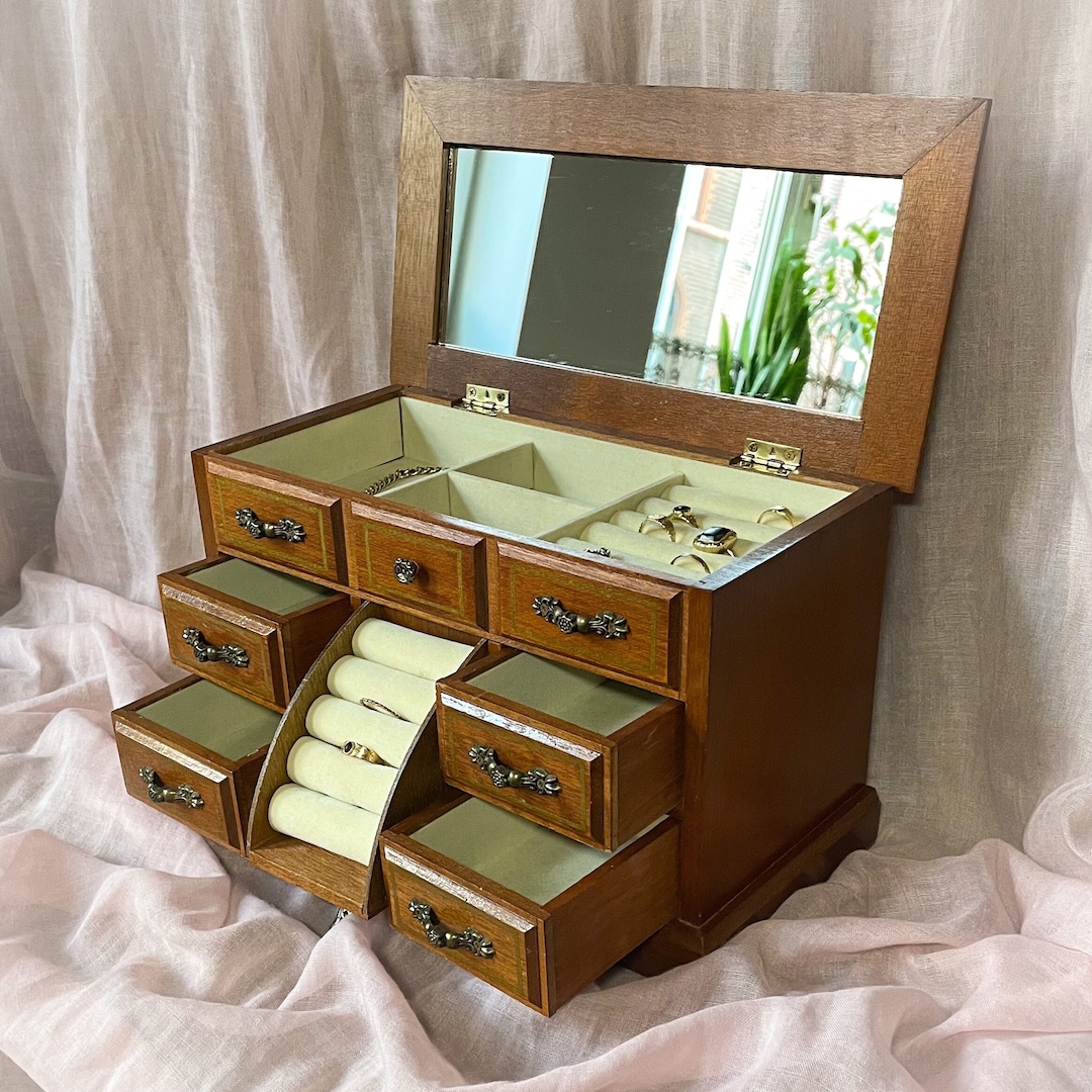 Vintage Handmade Wooden Jewelry With Many Compartments and a