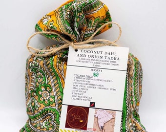 Coconut Dahl with spiced onion Tadka curry kit gift. Sustainable-eco-friendly-up-cycled-vegan-plant based.