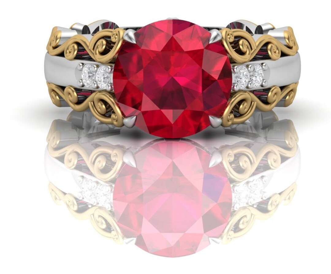 Unique Art Deco Engagement Ring Lab Made Ruby Bridal Ring Two Tone Gold Ruby Anniversary Ring