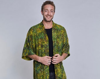 Robe kimono faite à la main en vert - Polyvalente comme robe de chambre, peignoir, tenue de festival, veste kimono, cadeau - Unisexe