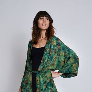 Long Green Handmade Kimono Perfect for Home Festival Sauna Wedding Gift Boho Dressing Gown Beach Colorful Batik Unisex
