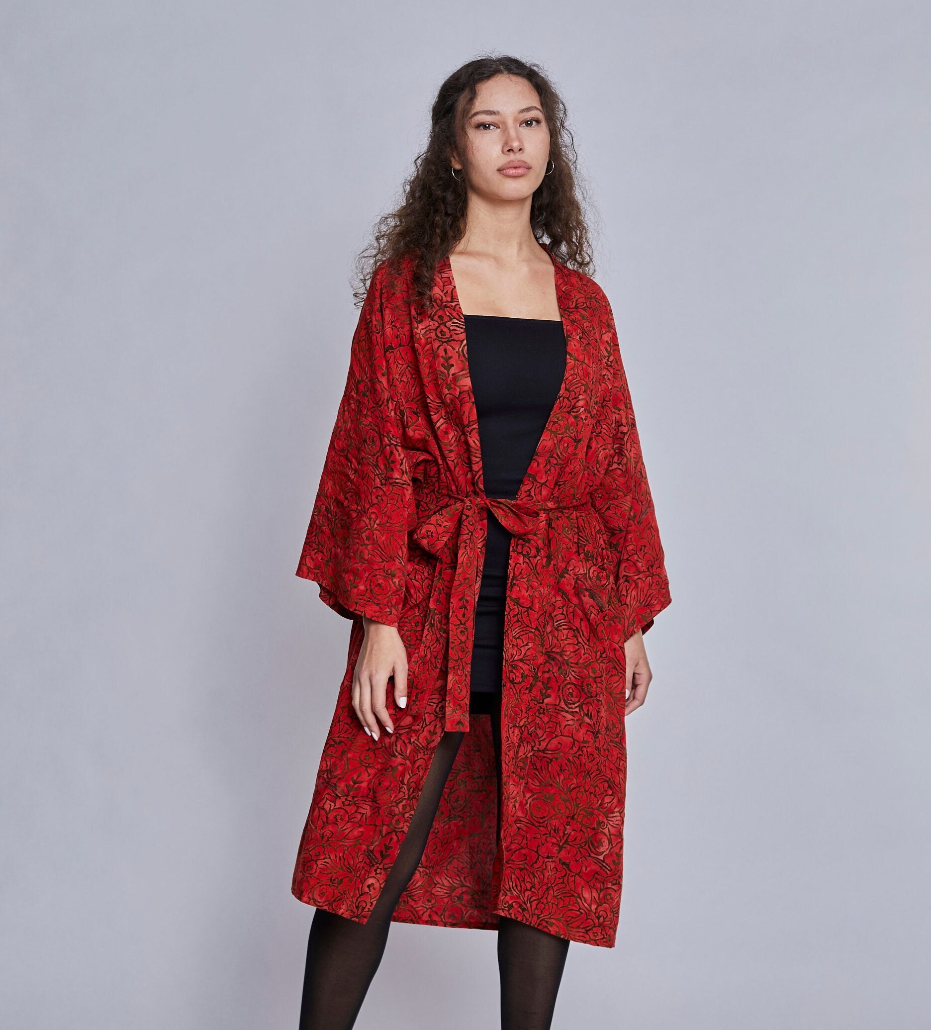 Long red handmade kimono - perfect as a dressing gown for home, bridal robe, festival clothing, beach dress and gift