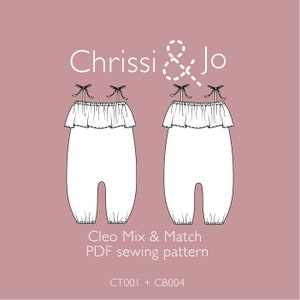 May include: Line drawing of a white off-the-shoulder jumpsuit with a ruffle trim. The drawing is repeated twice, side-by-side. The text "Chrissi & Jo" is at the top of the image. The text "Cleo Mix & Match PDF sewing pattern" is below the drawings. The text "CT001 + CB004" is at the bottom of the image.