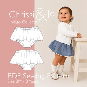 Puede incluir: Una niña pequeña con una rebeca blanca y una falda vaquera. La imagen también presenta un patrón de costura PDF para bragas de bebé, con el texto "Chrissi & Jo Indigo Collection" y "Size 3M - 3 Years".