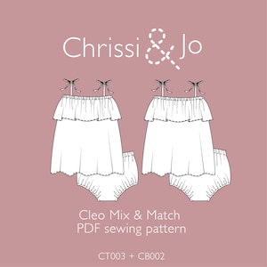 May include: Line drawing of a PDF sewing pattern for a girls' dress and bloomers. The pattern is called "Cleo Mix & Match" and includes the codes CT003 + CB002. The dress has a ruffle trim and the bloomers have a gathered elastic waistband.