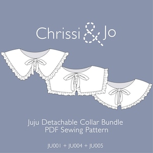 May include: Three white detachable collar designs with ruffled edges and bow details are displayed on a gray background. The text "Chrissi & Jo" is at the top, and "Juju Detachable Collar Bundle PDF Sewing Pattern" is at the bottom.