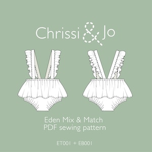 Puede incluir: Un pelele blanco para bebé con tirantes con volantes y una falda con volantes. El pelele es un patrón de costura de Chrissi & Jo llamado Eden Mix & Match patrón de costura PDF ET001 + EB001.