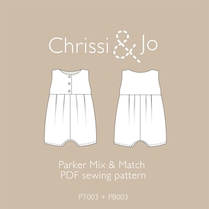 May include: A white sleeveless romper sewing pattern for babies. The pattern is called "Parker Mix & Match" and includes the codes PT003 + PB003. The pattern is designed by Chrissi & Jo.