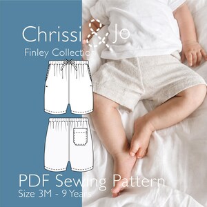 May include: A PDF sewing pattern for shorts from the Chrissi & Jo Finley Collection, featuring a line drawing of shorts with an elastic waistband, drawstring, and back pocket, alongside a photograph of a child wearing beige linen shorts.