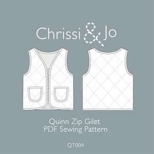 May include: A white quilted vest sewing pattern with a zipper closure and two pockets. The pattern is called "Quinn Zip Gilet" and is from the brand "Chrissi & Jo". The pattern number is "QT004".