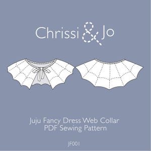 Może przedstawiać: Drukowany wzór szycia PDF na kołnierz w kształcie pajęczyny, zatytułowany "Juju Fancy Dress Web Collar PDF Sewing Pattern" z nazwą projektanta "Chrissi & Jo" i numerem wzoru "JF001".
