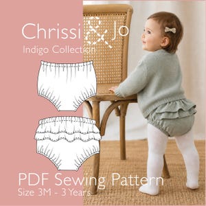 May include: A baby wearing a light green sweater and bloomers with ruffles, paired with white tights. The image also features a PDF sewing pattern for bloomers, with the text "Chrissi & Jo Indigo Collection" and size range "3M - 3 Years."