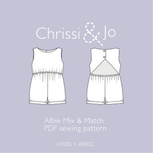 May include: Line drawing illustration of a white sleeveless jumpsuit with a gathered waist and cuffed legs. The back of the jumpsuit has a triangular panel with a button closure. The text "Chrissi & Jo" is at the top of the image. The text "Albie Mix & Match PDF sewing pattern AT005 + AB002" is at the bottom of the image.