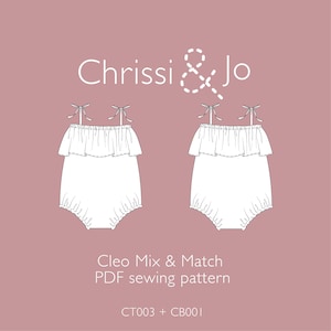 Puede incluir: Una ilustración digital de dos bodies blancos para bebé con cuellos con volantes y tirantes. Los bodies están sobre un fondo rosa con el texto "Chrissi & Jo Cleo Mix & Match PDF sewing pattern CT003 + CB001".