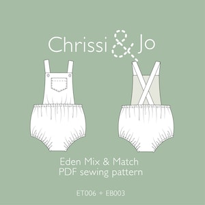 Puede incluir: Un pelele blanco para bebé con tirantes y un bolsillo en la parte delantera. El pelele se muestra en dos vistas, una con los tirantes cruzados en la espalda y la otra con los tirantes rectos. El texto "Chrissi & Jo Eden Mix & Match PDF sewing pattern ET006 + EB003" está debajo de las imágenes.