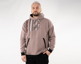 Traditional Ukraine Embroidered Hoodie, Unique Men Hoodies, Streetwear For Men, Unisex Designer Hoodies, Oversize Hoodies, Cappuccino Color