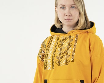 Hoodie "Vyshyvanka", Traditional Ukraine Embroidered Hoodie In Yellow Color, Women's Hoodies, Streetwear For Women, Unique Unisex Hoodies