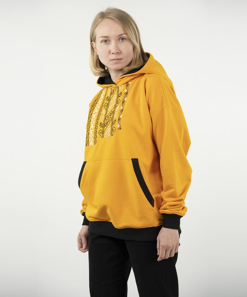 Hoodie Vyshyvanka, Traditional Ukraine Embroidered Hoodie In Yellow Color, Women's Hoodies, Streetwear For Women, Unique Unisex Hoodies zdjęcie 4