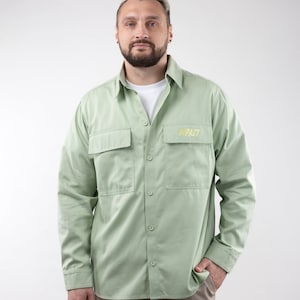 Pistache-herenshirt met lange mouwen, Oversized shirt, Casual shirt, Herenmode, Vrijetijdskleding, Herenshirt, Oekraïens shirt, Streetstyle