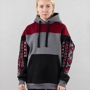 Embroidered Ukrainian Hoodie, Geometric Fleece Hooded Sweater