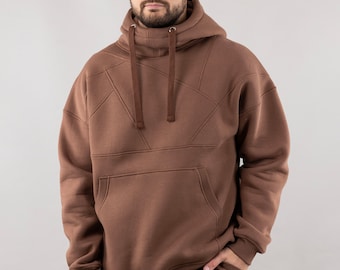Brown Oversize Hoodie, Unique Design Sweatshirt, Large Pocket, Unisex