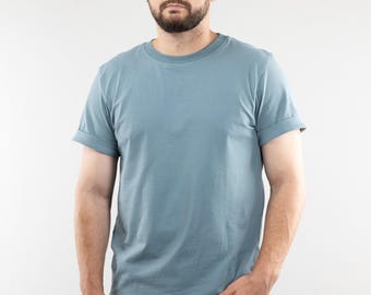 Blue Cotton T-Shirt with Cuffs, Men's Casual Wear