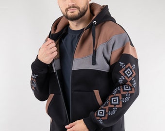 Hoodie "Sunrise", Hooded Sweater, Ukrainian Full-Zip Sweatshirt With Embroidery,  Sweatshirt Vyshyvanka With Large Pockets, Hoody For Men