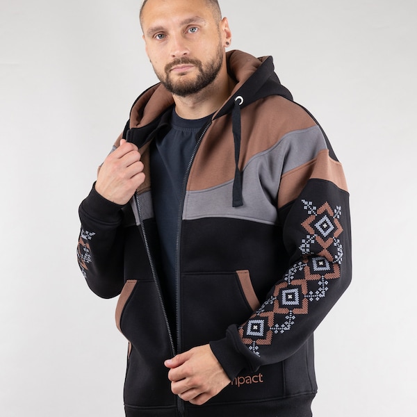 Hoodie "Sunrise", Hooded Sweater, Ukrainian Full-Zip Sweatshirt With Embroidery,  Sweatshirt Vyshyvanka With Large Pockets, Hoody For Men