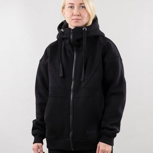 Dameshoodie met rits, oversized sweater met uniek ontwerp, hoodie met ritssluiting, zwart-wit sweatshirt, unisex hoodie, stijl hoody voor vrouwen