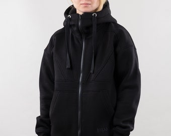 Oversized Zip Hoodie, Geometric Design, High Neck, Unisex