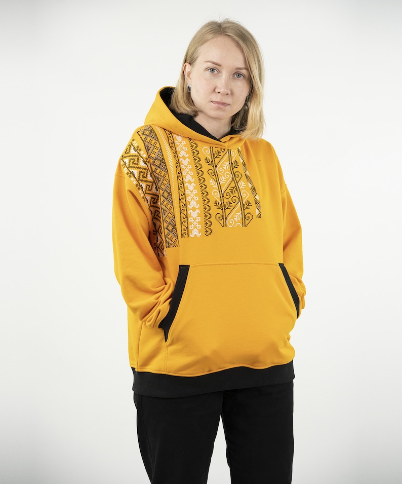 Hoodie Vyshyvanka, Traditional Ukraine Embroidered Hoodie In Yellow Color, Women's Hoodies, Streetwear For Women, Unique Unisex Hoodies zdjęcie 2