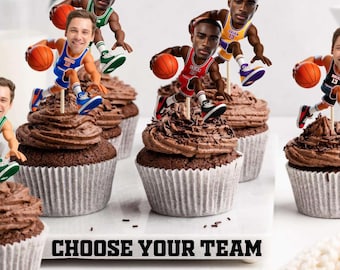 DIGITAL Personalized photo face basketball cupcake toppers, Multiple team colors to choose from.