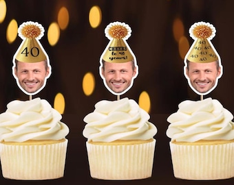 Personalized Photo Birthday Cupcake Toppers: 30th, 40th, 50th - Set of 12