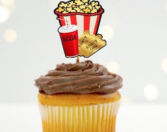 Movie Night Cupcake Toppers: Set of 12, Theater Party Decorations