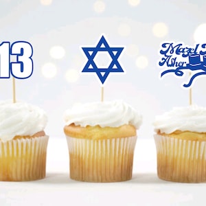 Customizable Bar Mitzvah & Bat Mitzvah Cupcake Toppers, Jewish Star, Tefillin, Custom name, Mazel Tov.