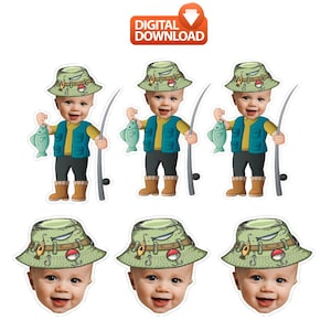 May include: Six printable images of a baby dressed as a fisherman. The baby is wearing a green and brown fishing hat, a blue vest, brown boots, and holding a fishing rod. The baby is smiling and looking at the camera. The images are perfect for a fishing-themed party or event.