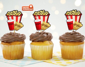 Movie Theater Cupcake Toppers: Movie Night Party Decor (Digital Image)