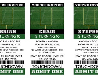 Personalized Football Ticket Invitations: Birthday Party, Digital Download