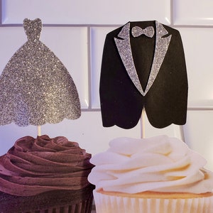 Wedding Dress and Tuxedo Cupcake Toppers or appetizer picks. Set of 12