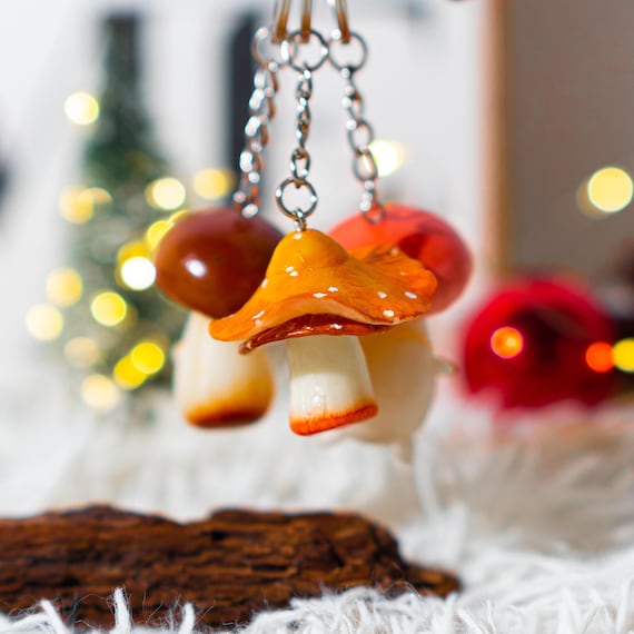Custom Clay Keychain Mushroom Charm, Handmade Clay Keychain With Cute Orange Cap Mushroom, Unique Polymer Clay Keychain, Accessory Gift