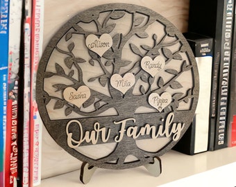 May include: A wooden family tree wall decor with the words "Our Family" at the bottom. The tree has five heart-shaped leaves with names written on them: Alison, Sasha, Mila, Randy, and Pippa.