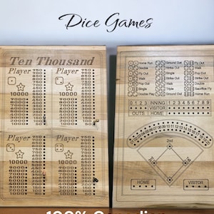 Double Sided Wooden Dice Board Game,  Baseball, Ten Thousand (Farkle), Family Game Night